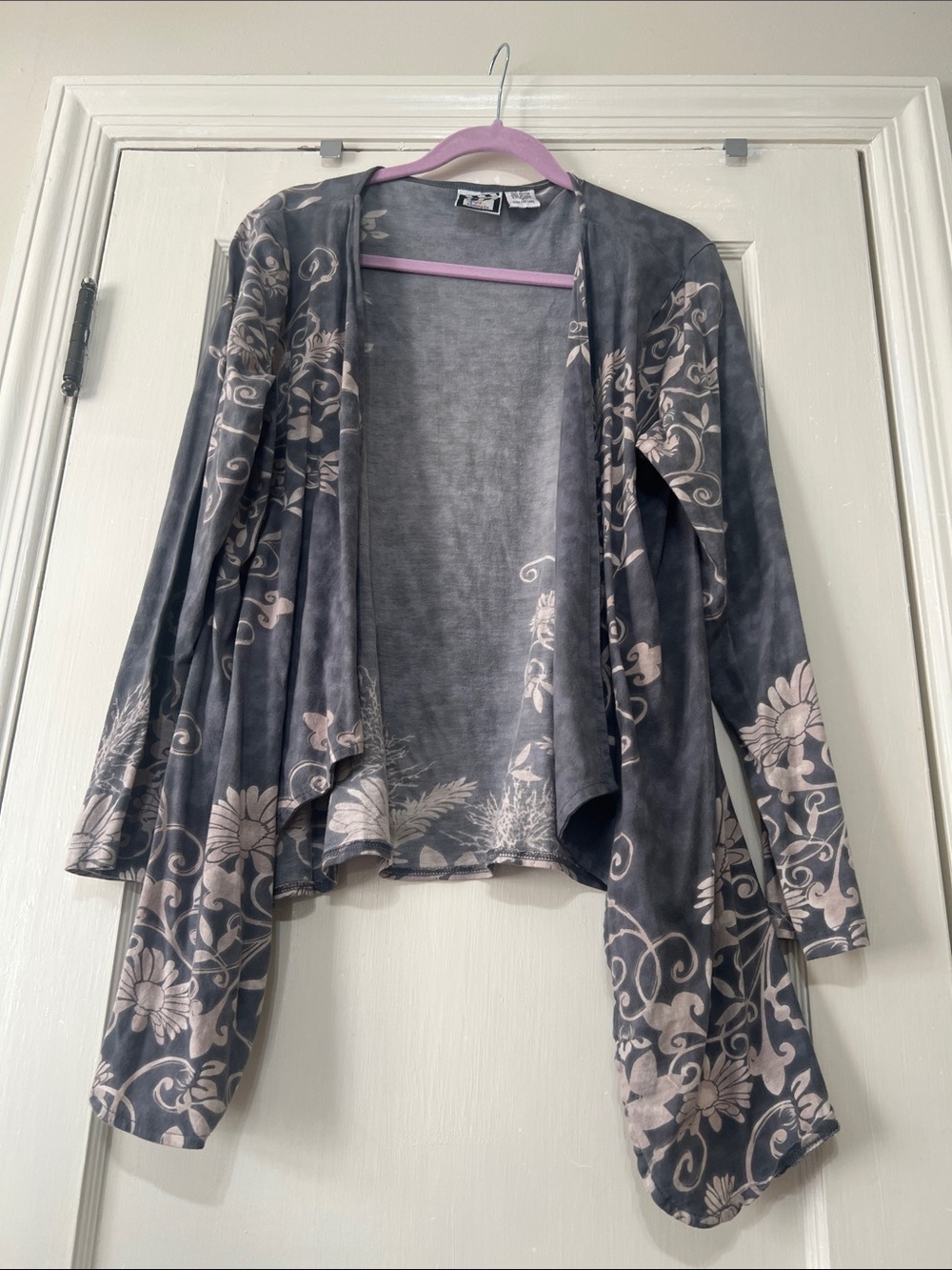 Floral Waterfall Open-Front Cardigan - Gray with Cream Accents